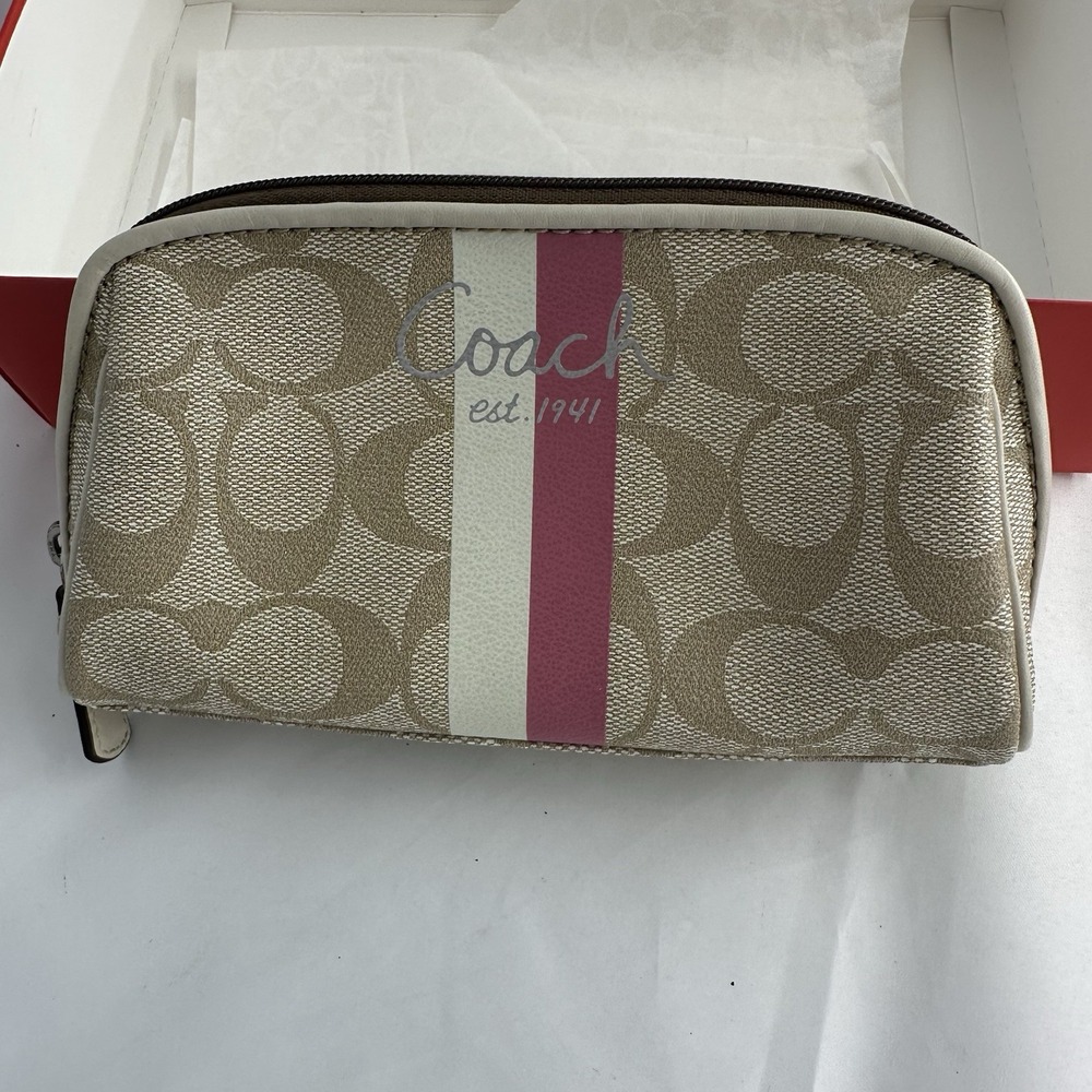 Coach Signature Monogram Cosmetic Bag Khaki Pink Stripe Makeup Pouch 43644 New